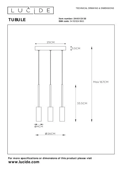 Lucide TUBULE - Suspension - Ø 26 cm - LED - 3x7W 2700K - Noir - TECHNISCH